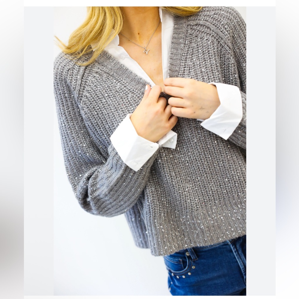 Elan Mixed Media Sweater with Button down layered top in Gray shimmer silver XS